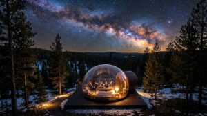 5 Most Stunning Luxury Bubble Hotels for Stargazing in Style 1 Horizontal view of a luxury bubble hotel under a starry night sky in a forest