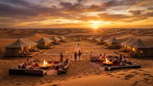 5 Most Exclusive Luxury Desert Expeditions for High-End Travelers 1 Horizontal view of a luxury desert camp with elegant tents and golden sand dunes at sunset.