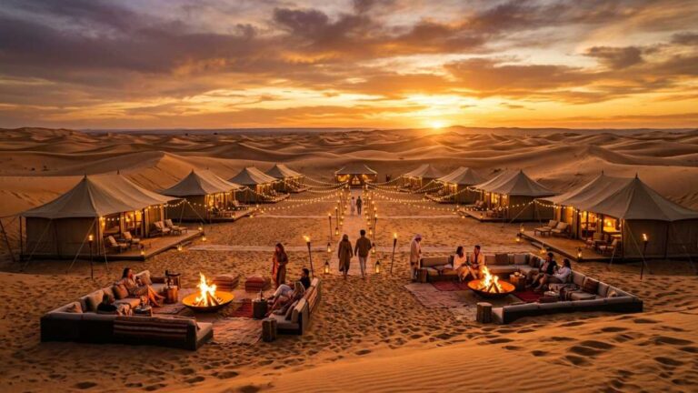 Horizontal view of a luxury desert camp with elegant tents and golden sand dunes at sunset.