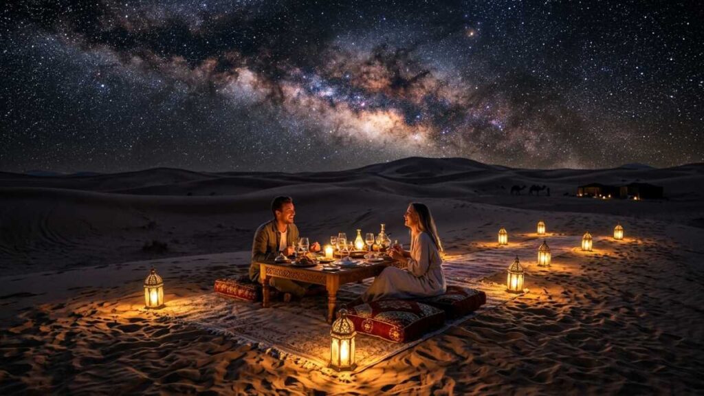 Horizontal shot of a private luxury dinner setup in the desert under a starry sky.