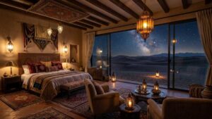 5 Most Exclusive Luxury Desert Expeditions for High-End Travelers 2 Wide interior shot of a luxury desert suite with panoramic views of the desert at night.