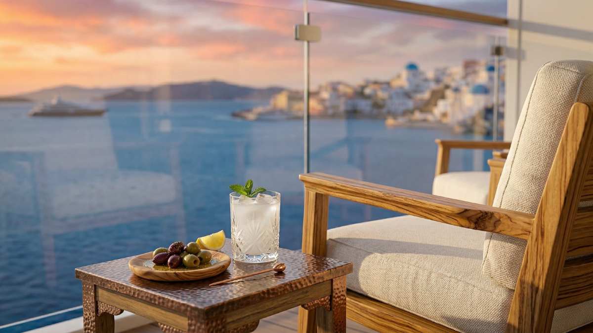Master suite balcony on the best luxury Greek Island cruises overlooking the Aegean Sea.