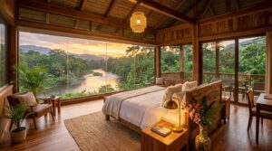 Wide interior shot of a luxury jungle suite with horizontal panoramic rainforest views.