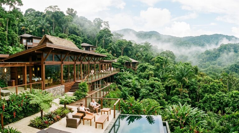 Horizontal panoramic view of a luxury eco-lodge surrounded by lush tropical rainforest.
