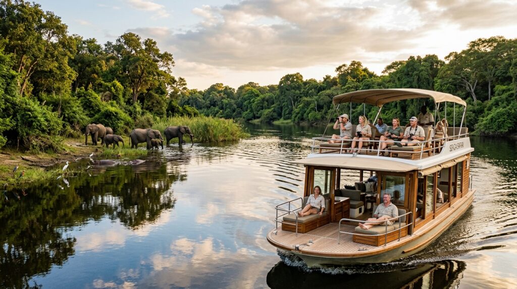 Horizontal view of guests on a luxury safari cruise deck watching wildlife.