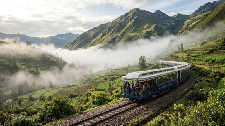 The luxury travel Peru Belmond Hiram Bingham train crossing the Andes towards Machu Picchu.