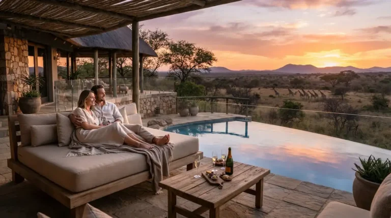 Luxury safari lodges in South Africa for couples featuring a private infinity pool overlooking the savanna at sunset