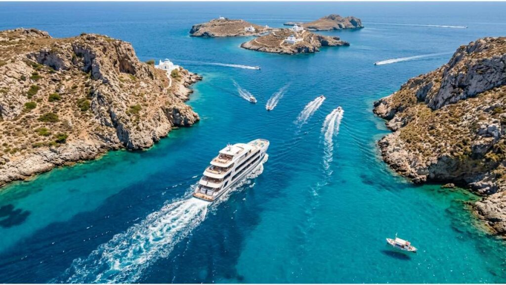 Small luxury cruise ship sailing between the islands of the Aegean Sea