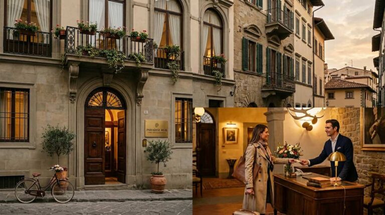 Historic facade of a luxury boutique hotel with bronze details and classic European design.