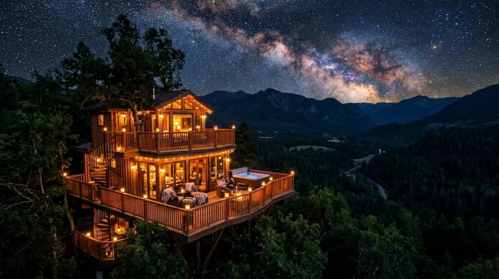 A luxury treehouse glowing at night under a starry sky.