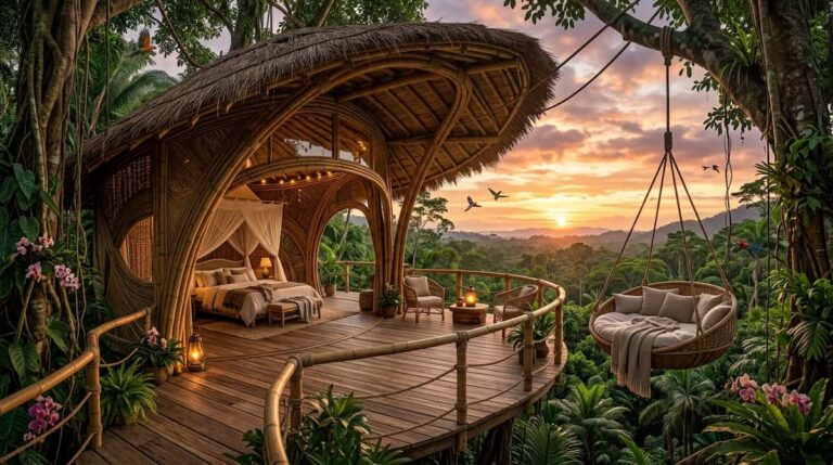 luxury bio-architecture retreats in the jungle with organic shapes