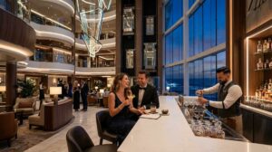 Elegant couple enjoying cocktails in the modern and exclusive atrium of a luxury cruise ship.
