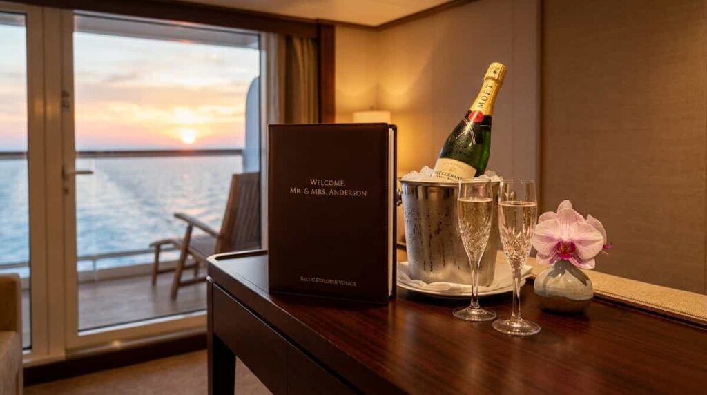 Personalized welcome amenities with champagne in a luxury cruise suite.