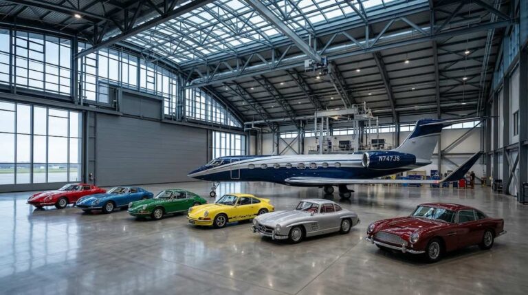 luxury fly-in estates with private jet parked next to mansion