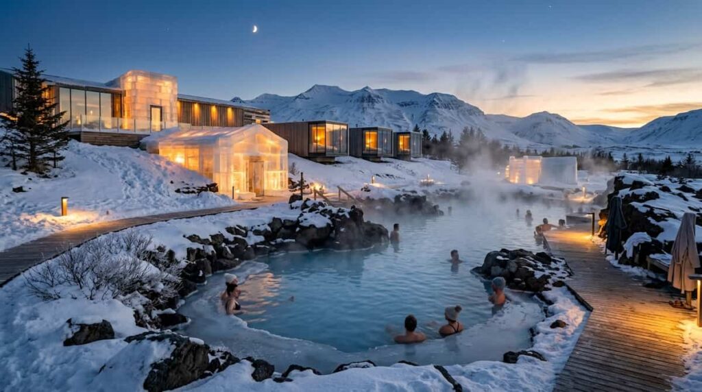 A natural steaming geothermal hot spring pool adjacent to an illuminated luxury ice resort structure at night.