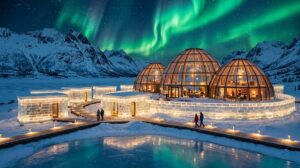 A spectacular luxury polar resort featuring illuminated ice-carved structures and glass geodesic domes under the Northern Lights.