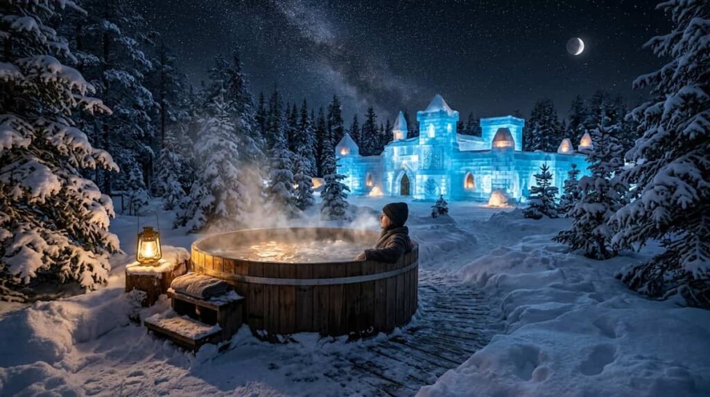 outdoor thermal spa at luxury ice hotels