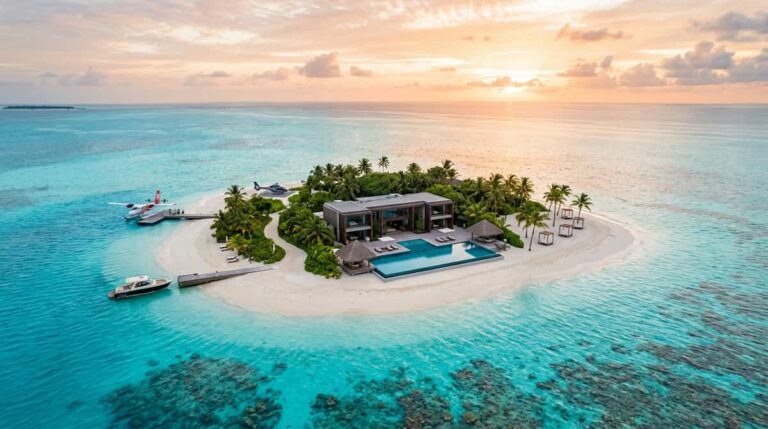 Aerial view of a luxury private island with a minimalist villa and turquoise water.