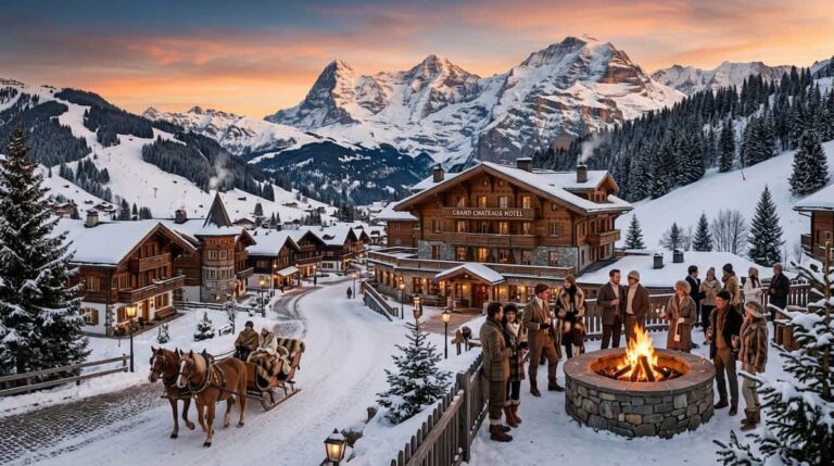 Panoramic view of a luxury alpine village with traditional chalets and bonfires at sunset.
