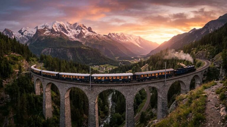 luxury sleeper trains traveling through the Swiss Alps at sunset