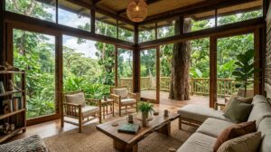 Interior of a five-star treehouse suite with panoramic forest views.