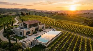 Luxury Villas in Private Vineyards: 5 Most Stunning Elite Wine Escapes 1 A stunning luxury villa in a private vineyard during sunset with an infinity pool