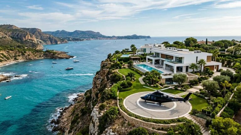 An ultra-luxury villa with a private helipad overlooking the ocean.