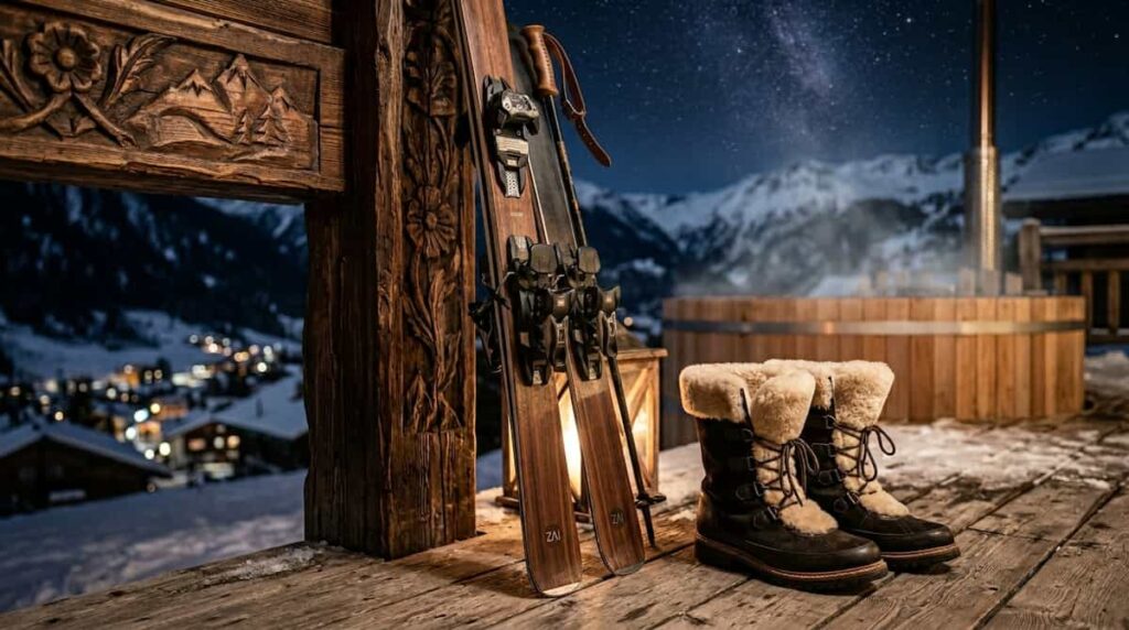 Detail of handcrafted wooden skis and luxury boots in front of a steaming jacuzzi on the mountain.