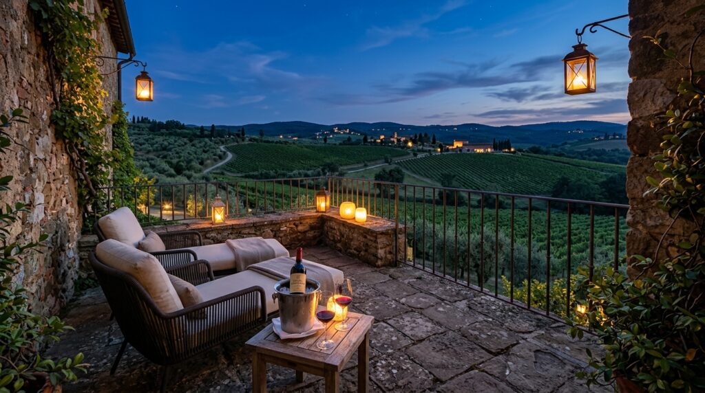 Private terrace wine tasting setup at an elite vineyard villa.