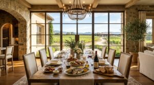 Luxury Villas in Private Vineyards: 5 Most Stunning Elite Wine Escapes 2 Interior dining area of a luxury villa overlooking private vineyard rows.