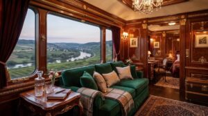The interior of a lavish grand suite inside a luxury train featuring polished mahogany walls and plush velvet seating.