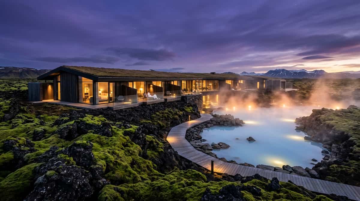 The Ultimate Guide to Iceland Luxury Resorts: Elite Geothermal Retreats 1 A stunning modern luxury eco-resort integrated into a mossy black lava field in Iceland during a clear twilight for Iceland luxury resorts.