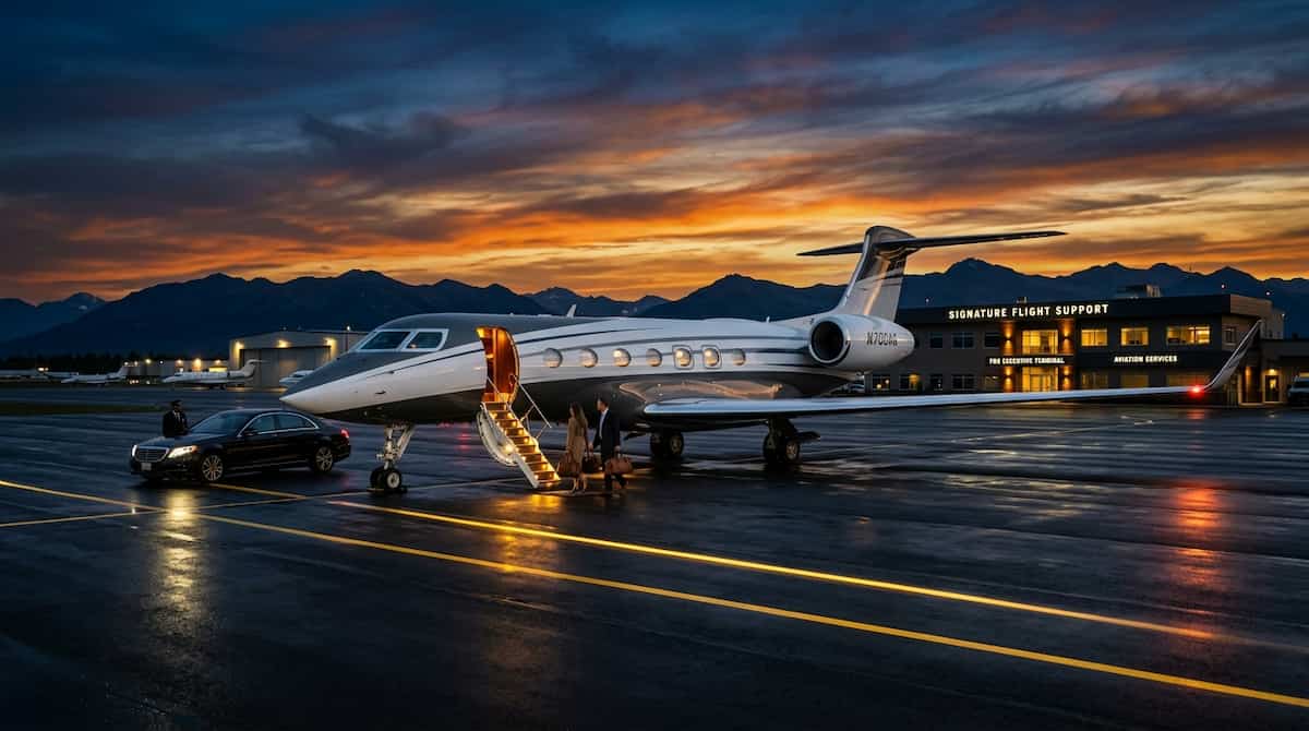 The Ultimate Iceland Luxury Guide: Elite Adventures & Premium Travel Tips 3 A sleek private luxury jet parked on the tarmac at an executive airport terminal in Iceland during twilight.