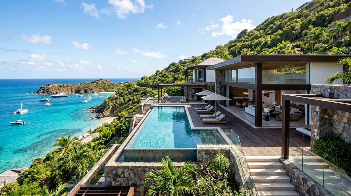 The Ultimate Guide to St Barts Luxury Villas: Elite Beachfront Estates 1 A spectacular modern luxury villa on a hillside in St Barts featuring sleek architecture and a panoramic infinity pool overlooking a turquoise ocean bay for St Barts luxury villas.