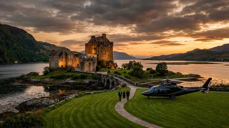 Ultra-Luxury Destinations in the UK for Elite Travelers 5 Ultra-luxury destinations in the uk featuring a private helicopter landed at a Scottish castle