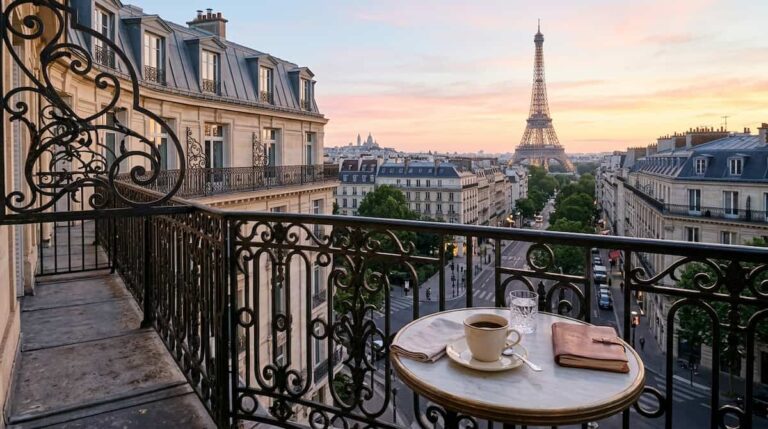 A luxury hotel balcony with an iconic view of Haussmann architecture in Paris.