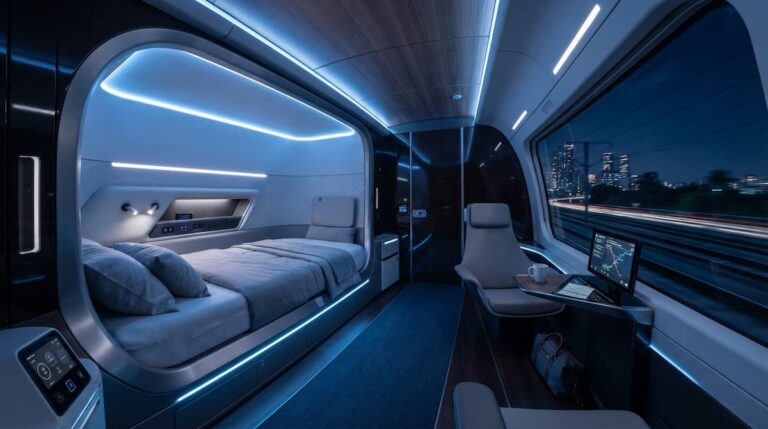 A sleek, modern luxury sleeper train experience suite