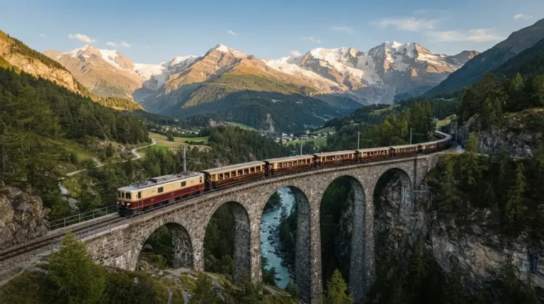 Passengers enjoying european luxury train travel through the mountains