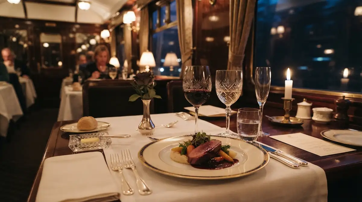 Gourmet dinner inside European luxury train