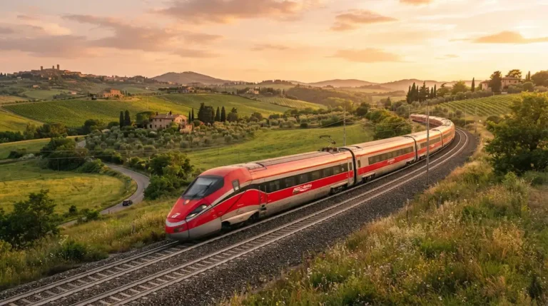 Frecciarossa high speed train travelling through countryside during luxury train journeys in Italy.