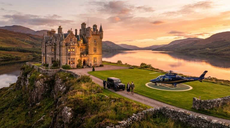 Luxury travel Scotland private helicopter landing at an elite Highland castle estate during golden hour.