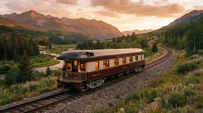 Elegant private rail car charters moving through a scenic landscape