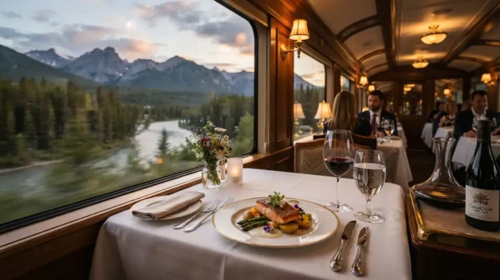 Canadian dining experience inside a luxury train carriage, fine wine, elegant setting, professional travel photography.
