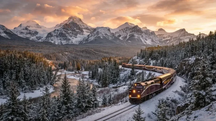 Via Rail Prestige Class train traveling through Canadian mountains