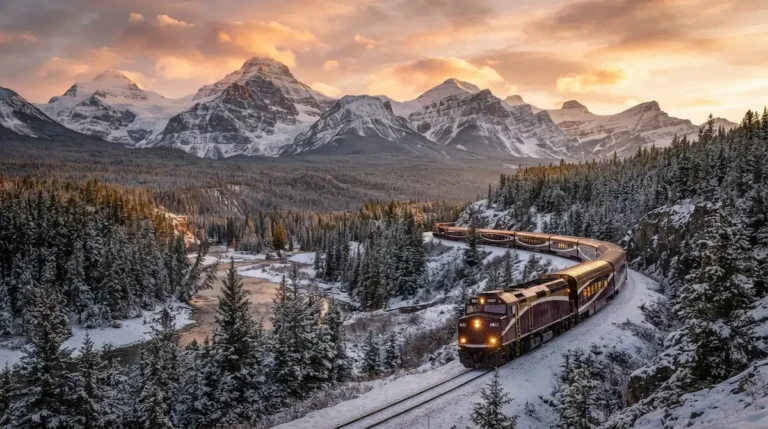 Via Rail Prestige Class train traveling through Canadian mountains