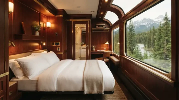 The Ultimate Via Rail Prestige Class Review: Is It Worth It? 2 Interior of a luxury train bedroom with a double bed, polished wood finishes, large windows, cozy and elegant atmosphere.