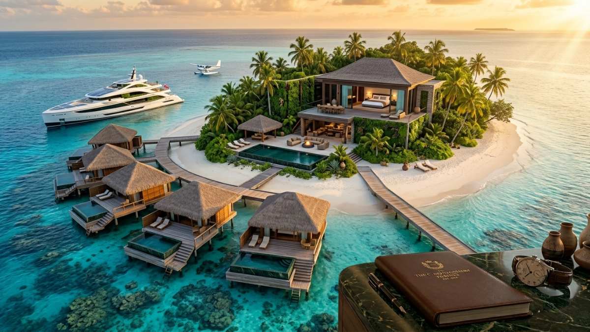 Aerial view of an exclusive private island resorts Caribbean featuring turquoise waters and luxury villas.