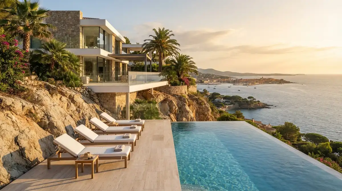 Modern oceanfront infinity pool villa representing exclusive private villas French Riviera
