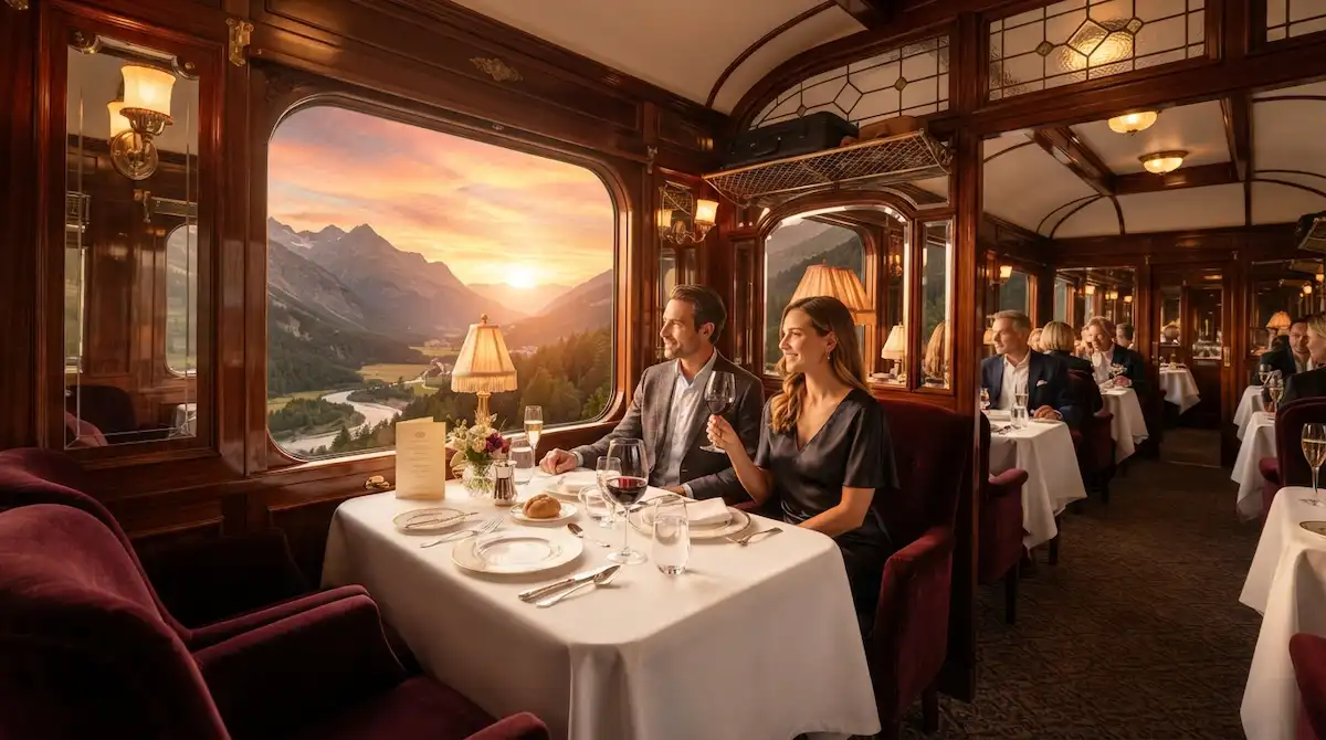 Luxury Train Journeys, elegantly set dining table inside a luxury vintage train lounge car passing mountain scenery at sunset.
