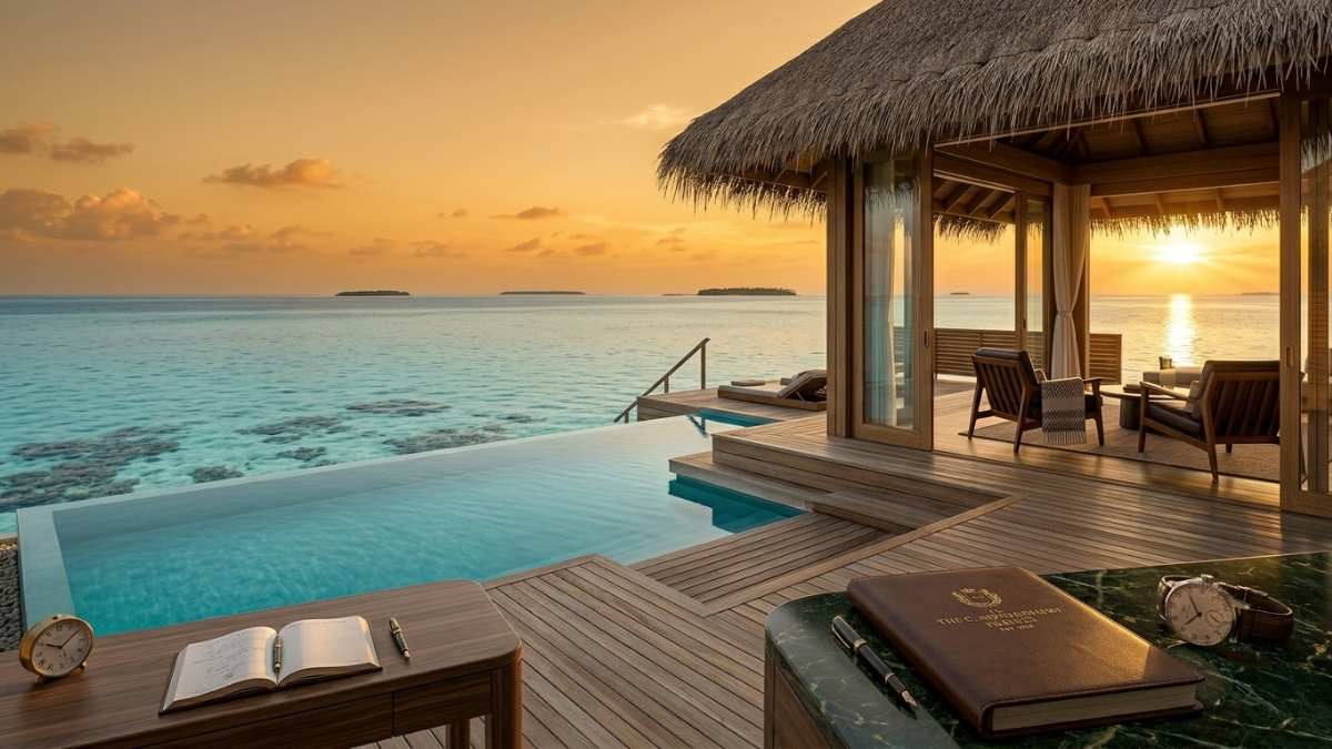 Sunrise view from a private overwater villa, exemplifying the slow travel concept in luxury destinations.